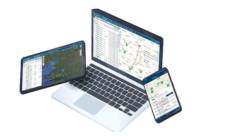Мокап интерфейса мониторинга Express Glonass на ноутбуке, планшете и смартфоне